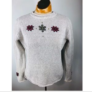 Woolrich‎ oatmeal sweater floral embroidery Sz M(?)